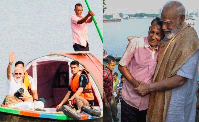 पीएम मोदी ने हुगली नदी में नाव की सवारी की, नाव चलाने वाले को गले लगाया